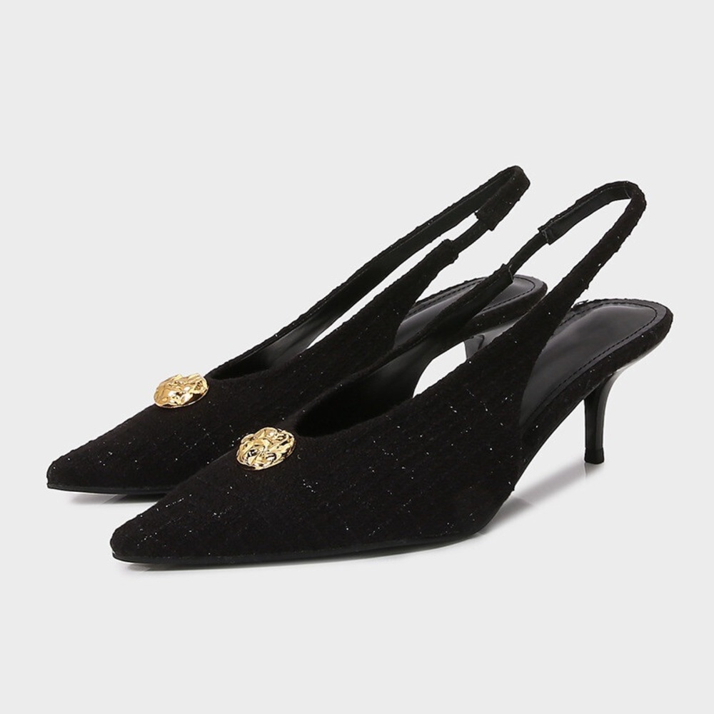 Zara tweed textured decorative button pointed toe black sling back heels sz.8 - Picture 1 of 13